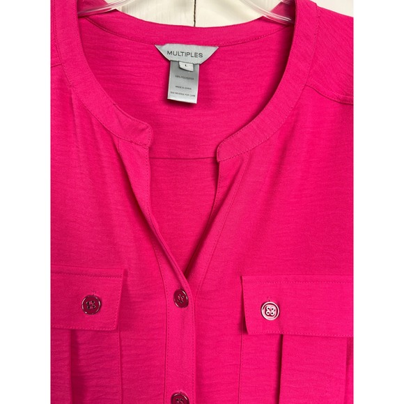 Multiples Button Front Tunic Womens Large Pink NWT Roll Tab Sleeve Slit Hem F5 - Picture 5 of 8
